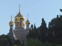 MS View of Russian Orthodox Church peeking through trees  / Jerualem, Israel Stock Footage