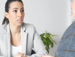 Businesswoman with client Stock Footage