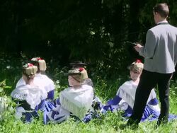 MS Pilgrimage of societies for traditional costumes at abbey Maria Eck near Siegsdorf, Chiemgauer Alps / Siegsdorf, Bavaria, Germany Stock Footage