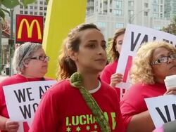 Fast Food Workers Rally At Chicago McDonald's To Raise Minimum Wage Stock Footage
