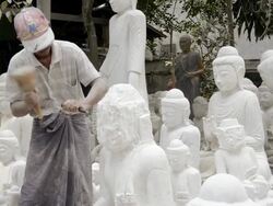 MS Stone mason makes Buddha statue made of marble / Mandalay, Mandalay Division, Myanmar Stock Footage