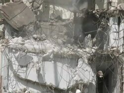 MS TD Wrecking ball demolishing building / Chicago, Illinois, USA Stock Footage