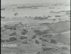 MOT 1944: NORMANDY: D-DAY: XHA XWS Omaha Beach (post initial invasion) w/ jeeps, trucks, amphibious craft & many ships off-shore. VS US Soldiers w/ tank labeled 'Versailles' in worn painted letters. Angled MS Armored tracked vehicles driving up from beach. Instructional Video