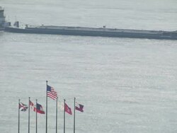 WS Long barge being moving by tugboat on mississippi river / Memphis, Tennessee, United States Stock Footage