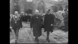 Winston Churchill Surveys the Damage to Coventry Cathedral After Coventry Blitz Stock Footage