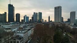 A winter day to night time lapse of central Frankurt am Main, Germany, with slow moving heavy cloud cover overhead featuring subtle shifts in the color of the transitioning sky Stock Footage