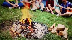 Friends sitting near campfire, enjoy in music Stock Footage
