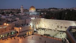 Lights shine from the Western Wall Plaza and Temple Mount in Jerusalem, Israel. Stock Footage