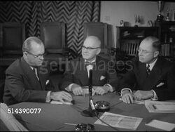 1952: NEW ORLEANS: PORT MANAGEMENT: Sign on glass door 'Board of Commissioners of the Port of New Orleans', man in suit & hat into building. VS Board of Commissioners meeting, Leon leading discussion, SOT talking about expansion, Bill, Harry, & Leon. Instructional Video