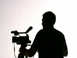 Two Cameramen, Videographers Work, Share Camera, Direct, Silhouette Stock Footage