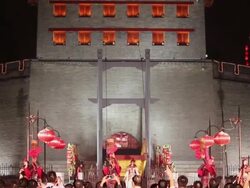 MS PAN Ancient rituals to welcome the guests in front of city wall/xian,shaanxi,China Stock Footage
