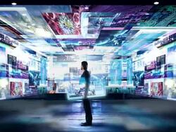 WS CGI Man standing in digital information centre / Melbourne, Victoria, Australia Stock Footage