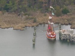 MS AERIAL Shot of Elizabeth II historic Ship / North Carolina, United States Stock Footage