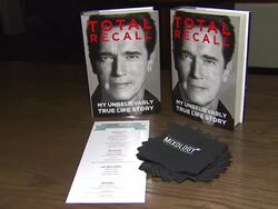 Atmosphere: Signage at Arnold Schwarzenegger celebrates the launch of his autobiography, TOTAL RECALL with a party at LA's Mixology101 on 10/5/12 in Los Angeles, CA. Stock Footage