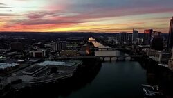 Turning Pan Entire South Austin Texas Area Dramatic Sunset Aerial Drone View Stock Footage