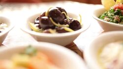 a table of jordanian mezze in petra Stock Footage