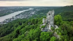 Aerial shot of Drachenfels with Rhine River in Germany Stock Footage