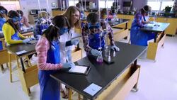 Teacher assists students using tablet to conduct lab Stock Footage