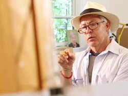 MS Shot of artist looking at his painting in his studio / Santa Fe, New Mexico, United States  Stock Footage
