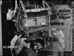 1946: INVESTING IN USA: CU Chrysler Corporation stock certificate. HA TD Men placing body of car onto chassis. CU US Plywood Corporation stock certificate. Row of cutting blades lowering onto wood.  Americana. Instructional Video