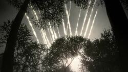 A triceratops looks skyward as meteors strike the earth in a computer generated animation. Stock Footage