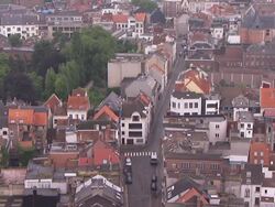 Red-roofed houses and buildings characterize a neighborhood in Antwerp. Stock Footage