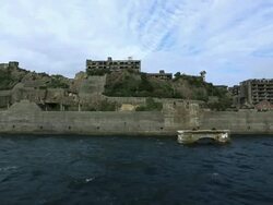MS POV Shot of Gunkanjima (Hashima Island),Under world heritage registration / Nagasaki, Nagasaki Prefecture, Japan Stock Footage