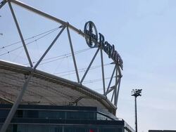 Tilted mid shot of Leverkusen crest over stadium. Stock Footage