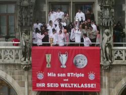 FC Bayern Muenchen Celebrate Winning The Triple At Marienplatz Stock Footage