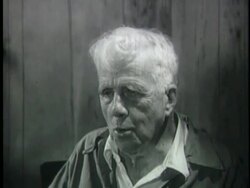 1959 CU Robert Frost talking in interview/ AUDIO Stock Footage