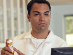 "PAN hispanic pharmacist consulting about prescription in pharmacy/Richmond,Virginia, USA" Stock Footage