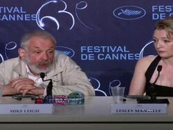 INTERVIEW: Mike Leigh on why Lesley Manville is good at acting drunk, how she is such a capable actor and the research she put into it at the Another Year Press Conference: Cannes 2010 Film Festival at Cannes . Stock Footage