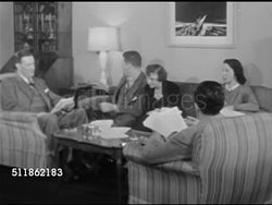 1948: CLAUDIA FAN MAIL: Producers of 'Claudia' radio show sitting on playwright, novelist Rose Franken's couch, male beginning to read positive listener mail. Instructional Video