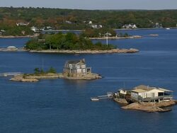 MS AERIAL ZI View of houses surrounded by tree at Thimble Islands / Connecticut, United States Stock Footage