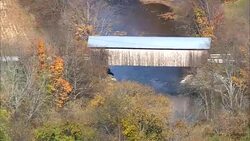 Longley covered bridge  - Aerial View - Vermont,  Orleans County,  United States Stock Footage