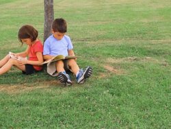 Boy and Girl Read by a Tree Stock Footage