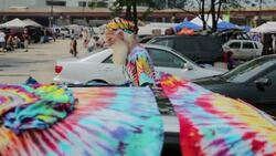 Grateful Dead 50th Anniversary Fare Thee Well concerts - Deadhead selling tie dyed t-shirts in parking Lot B Chicago, July 4, 2015 Stock Footage