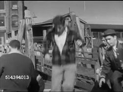 1952: PORTLAND HIGH SCHOOL WORKSHOP: VS Group of Portland H.S. students, male, boarding boat in dock, boat driving out to Portland Harbor. Maine, ME, Old Port district, school trip, outdoor lesson, field lesson, waterfront course Instructional Video