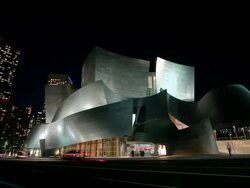 T/L, WS, Walt Disney Concert Hall illuminated at night, Los Angeles, California, USA Stock Footage
