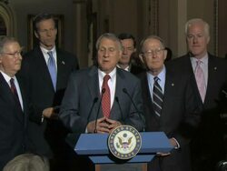 MS Senate Gop Leader Jon Kyl speaking about government view after meeting of leaders for economic growth in stand up press availability in Ohio Clock Corridor Audio / Washington, DC, United States Stock Footage
