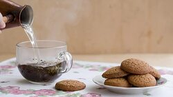 Breakfast with cup of tea and biscuits. Stock Footage