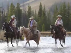 Cowboys and Cowgirl crossing river on horseback Stock Footage
