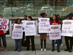 Fast Food Workers Rally At Chicago McDonald's To Raise Minimum Wage Stock Footage