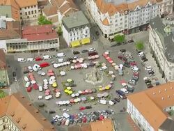 WS AERIAL View of street food cars with umbrellas / Brno, Brno City District, Czech Republic Stock Footage
