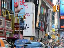 New York Theatre land with Illuminated signs nr Times Square, Broadway, USA, North America Stock Footage