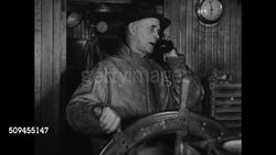 1936: NEW ENGLAND: FISHING INDUSTRY: CU Telephone on steam trawler. DRAMATIZATION: Captain Atwood making telephone call SOT asking about market, man at desk saying 'Looks like it will hold.' Instructional Video