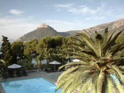 MS, HA, Swimming pool and hills in background, Formentor, Majorca, Spain Stock Footage