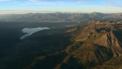 Aerial view of Bridgeport Reservoir and valley between the Sierra Nevada mountains. Stock Footage