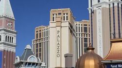 The Venetian hotel and casino in Las Vegas, Nevada, USA, probably the most unsustainable city in the world, it uses vast quantities of water in the middle of a desert and vast amounts of energy to power this most profligate of cities. Stock Footage
