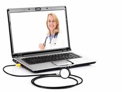 Female doctor holding a stethoscope on laptop computer screen Stock Footage